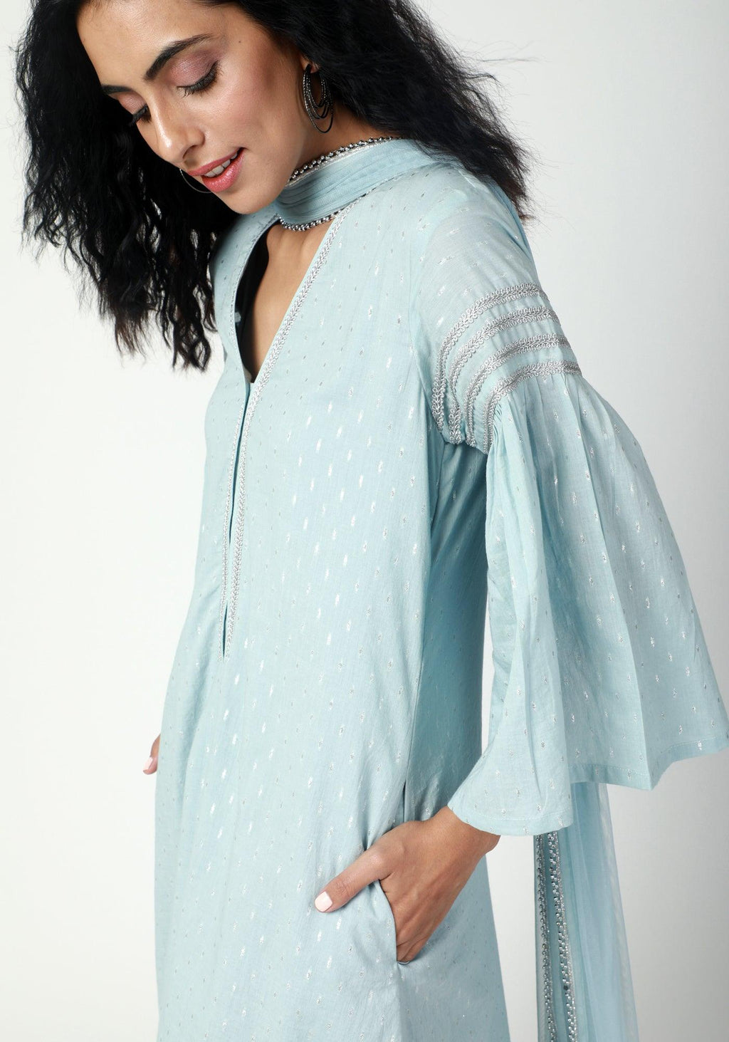 trueBrowns Blue Silver Laced Kurta- Ruffled Pant-Dupatta - Distacart