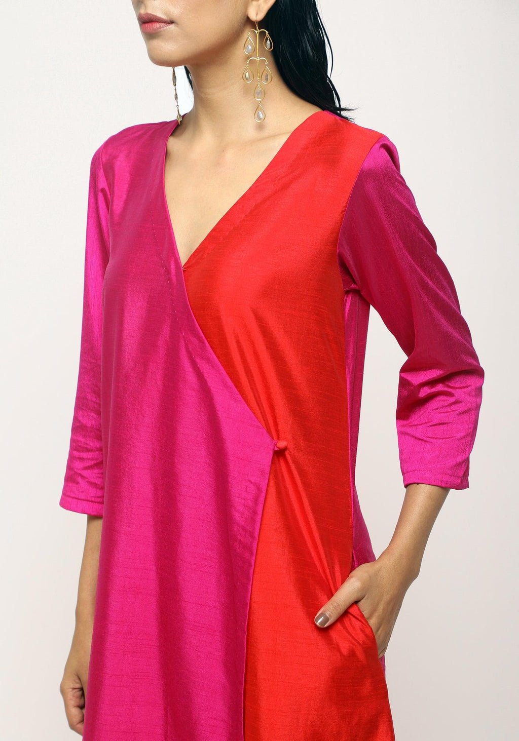 trueBrowns Pink Contrast Overlap Dress - Distacart
