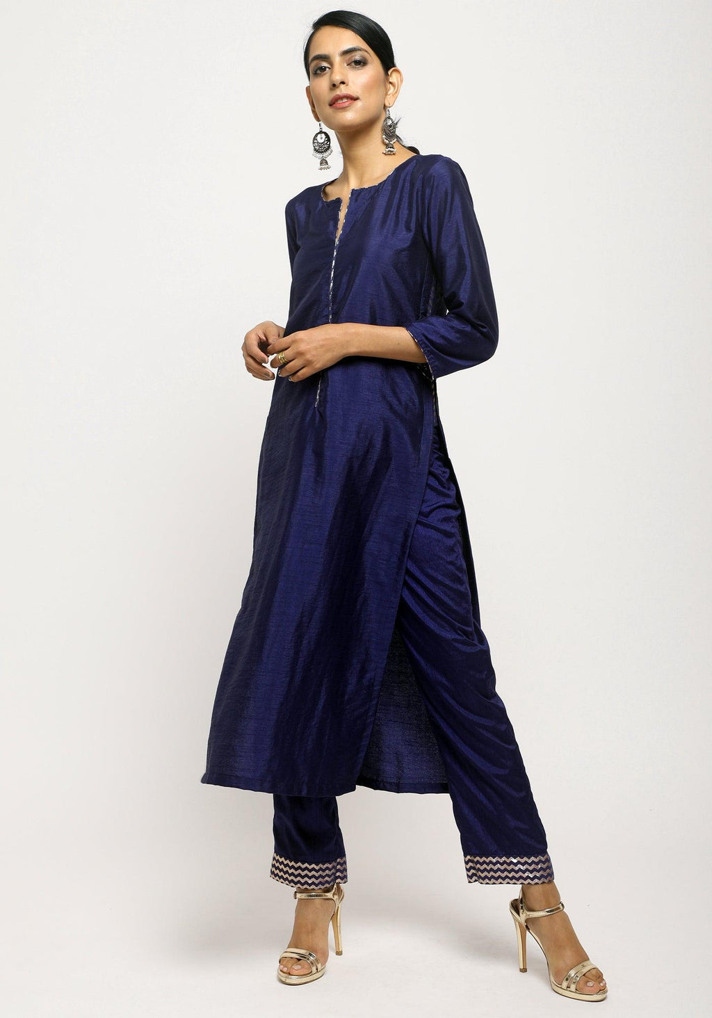 trueBrowns Blue Foil High Slit- Foil Pant - Distacart