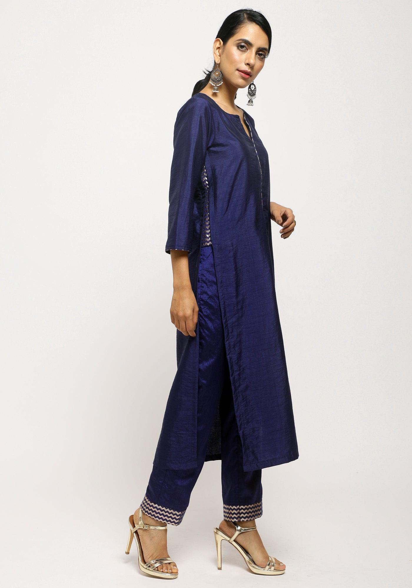 trueBrowns Blue Foil High Slit- Foil Pant - Distacart
