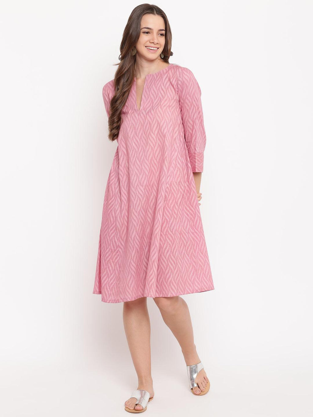 trueBrowns Pink Floral Dobby Cuff Dress - Distacart