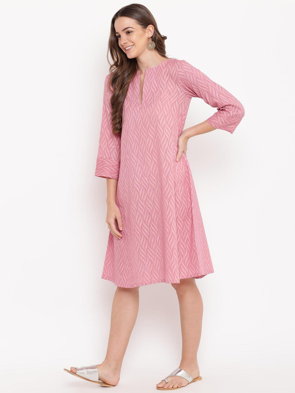 trueBrowns Pink Floral Dobby Cuff Dress - Distacart