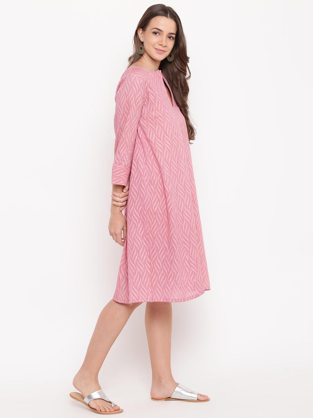 trueBrowns Pink Floral Dobby Cuff Dress - Distacart