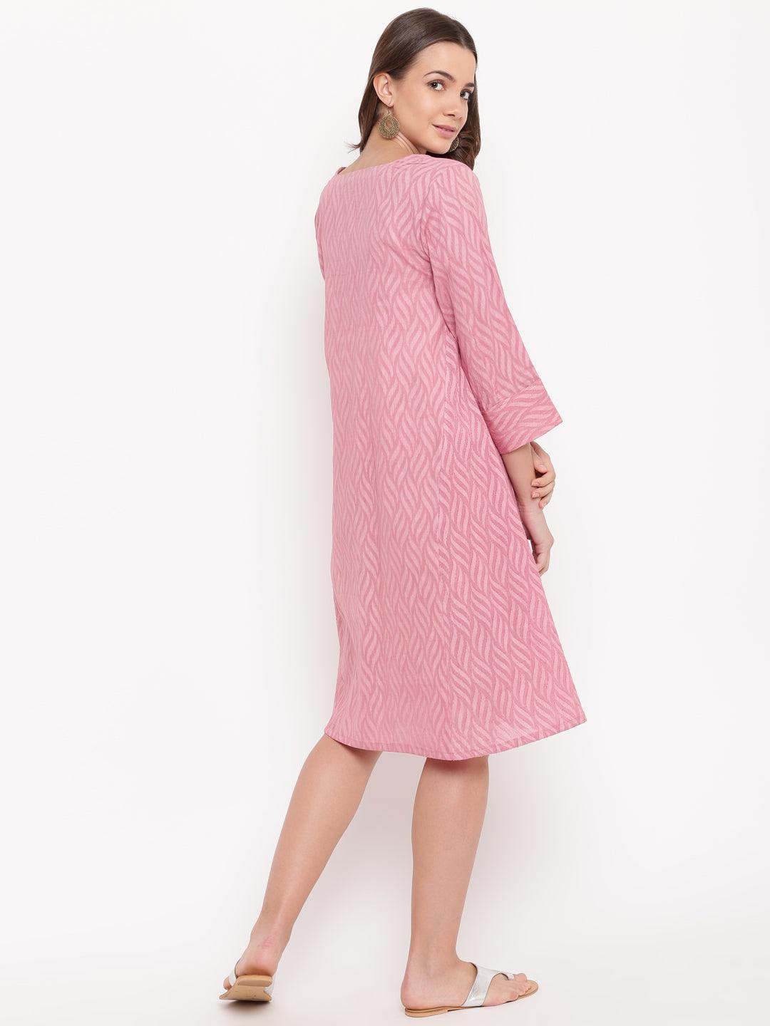 trueBrowns Pink Floral Dobby Cuff Dress - Distacart