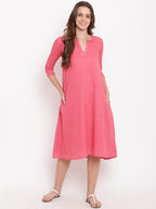 trueBrowns Brick Pink Dobby Grid Flared Dress - Distacart