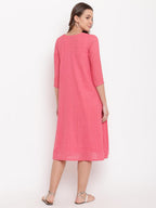trueBrowns Brick Pink Dobby Grid Flared Dress - Distacart