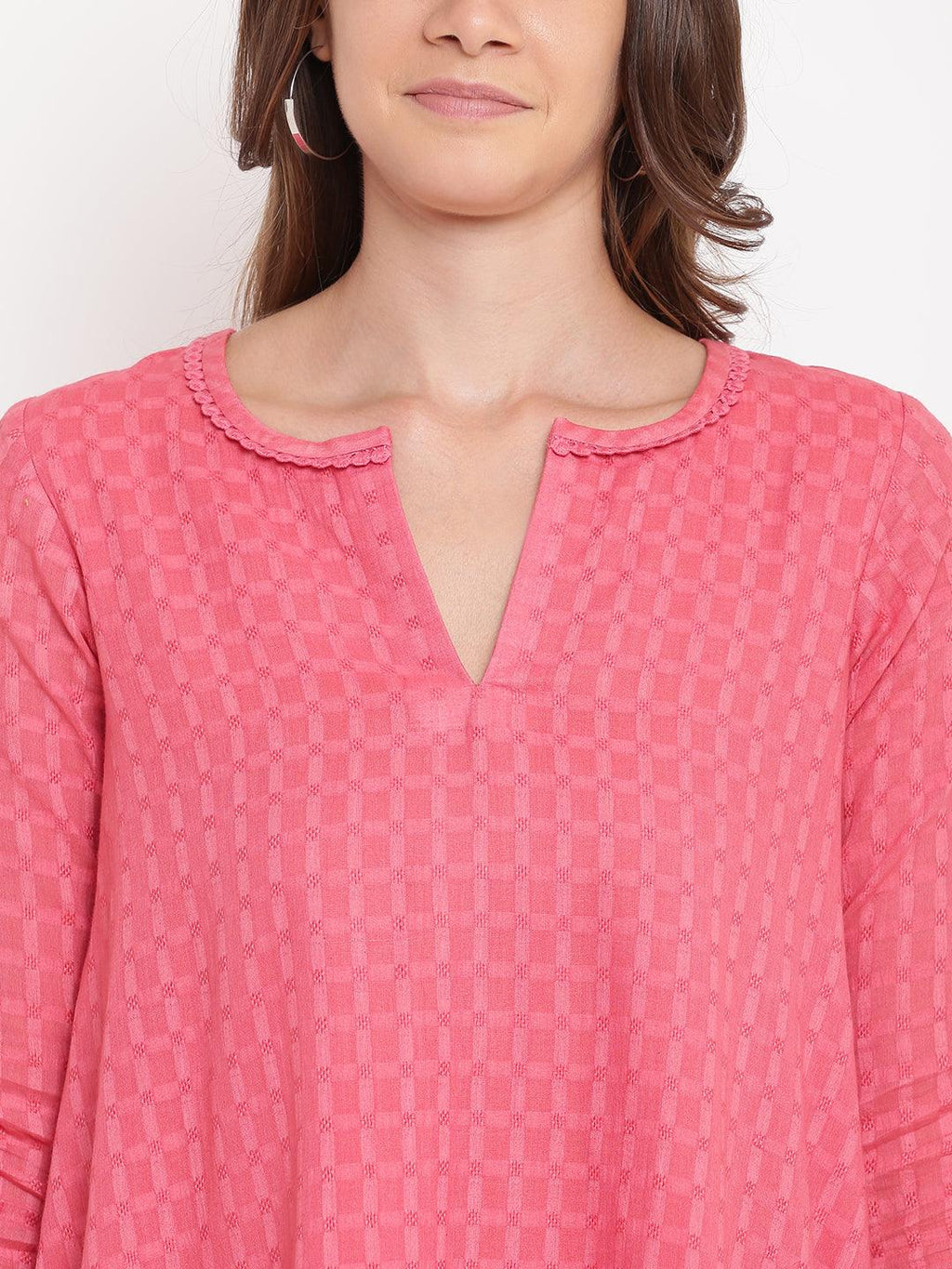 trueBrowns Brick Pink Dobby Grid Flared Dress - Distacart