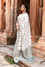 Joban Fashion Light Sky Blue Crepe Chiffon Pure Handloom Banarasi Silk Saree