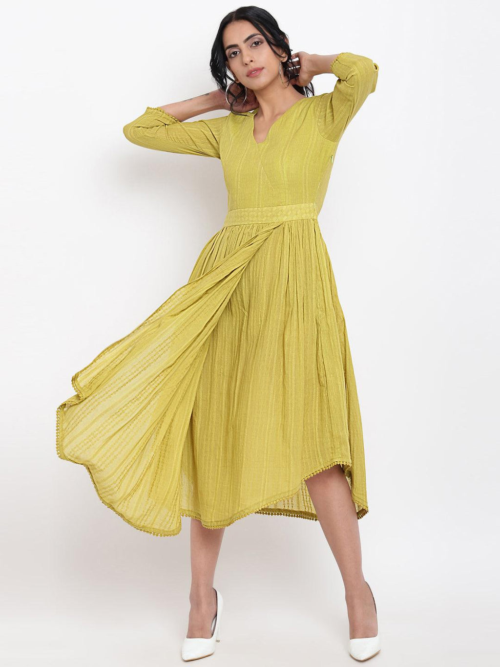 trueBrowns Cotton Overlap Flare Dress - Green - Distacart
