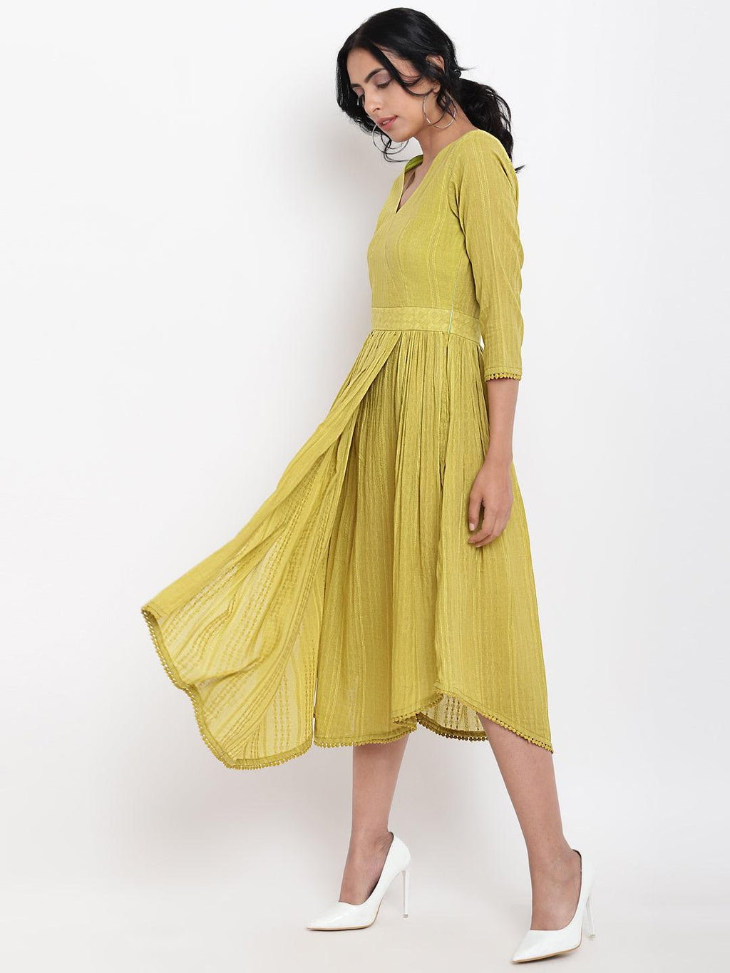 trueBrowns Green Cotton Overlap Flare Dress - Distacart