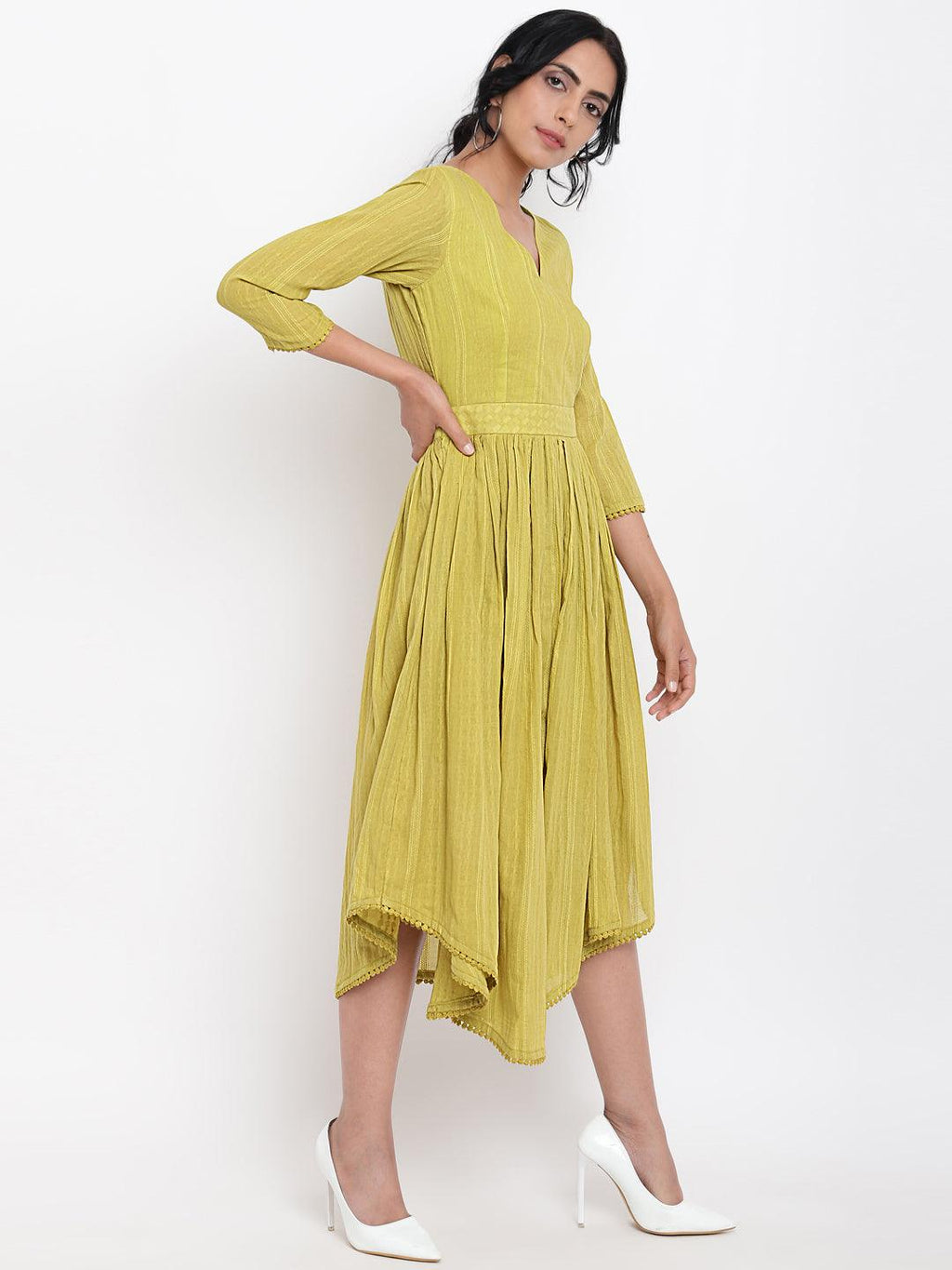 trueBrowns Cotton Overlap Flare Dress - Green - Distacart