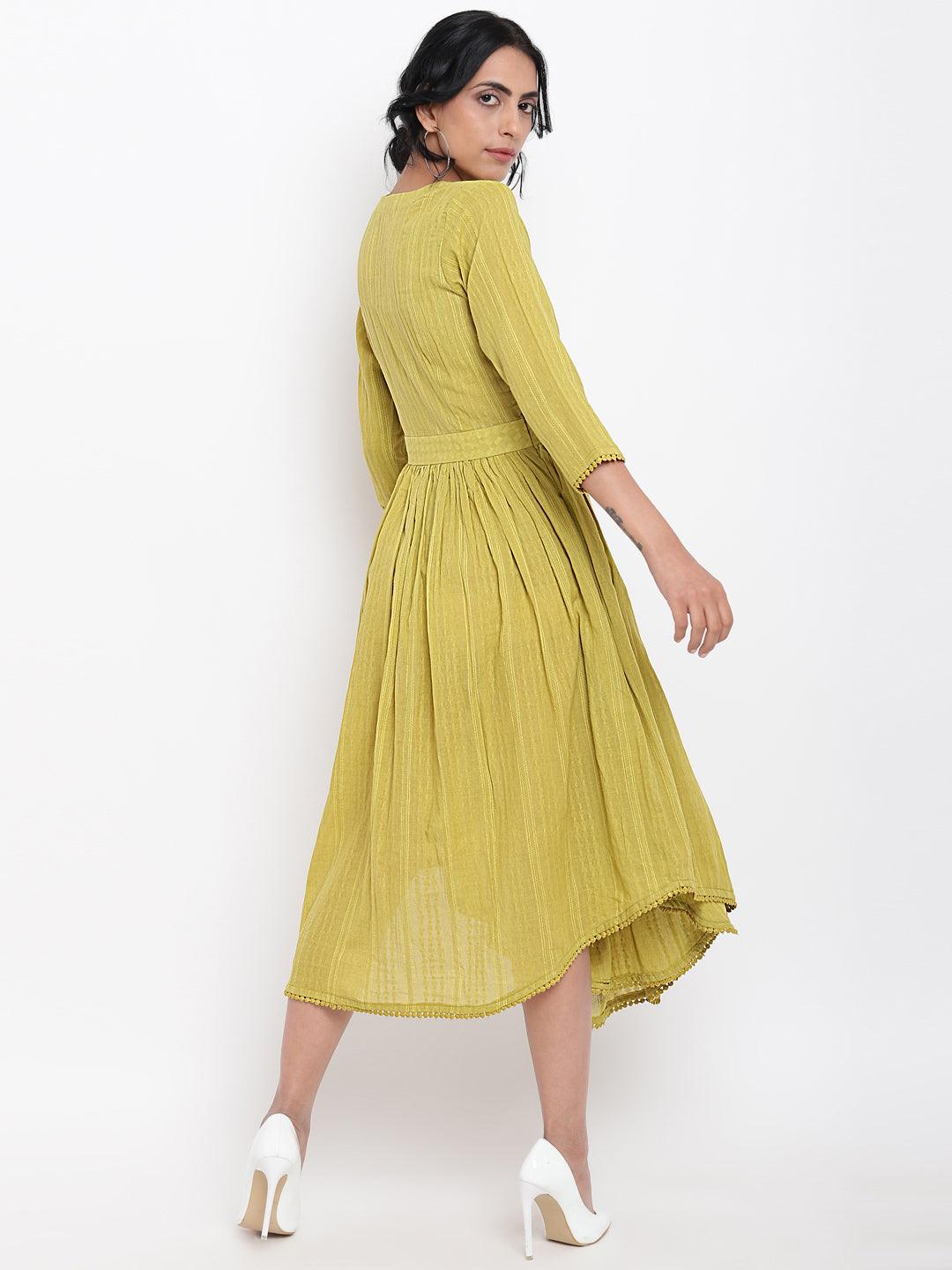 trueBrowns Green Cotton Overlap Flare Dress - Distacart