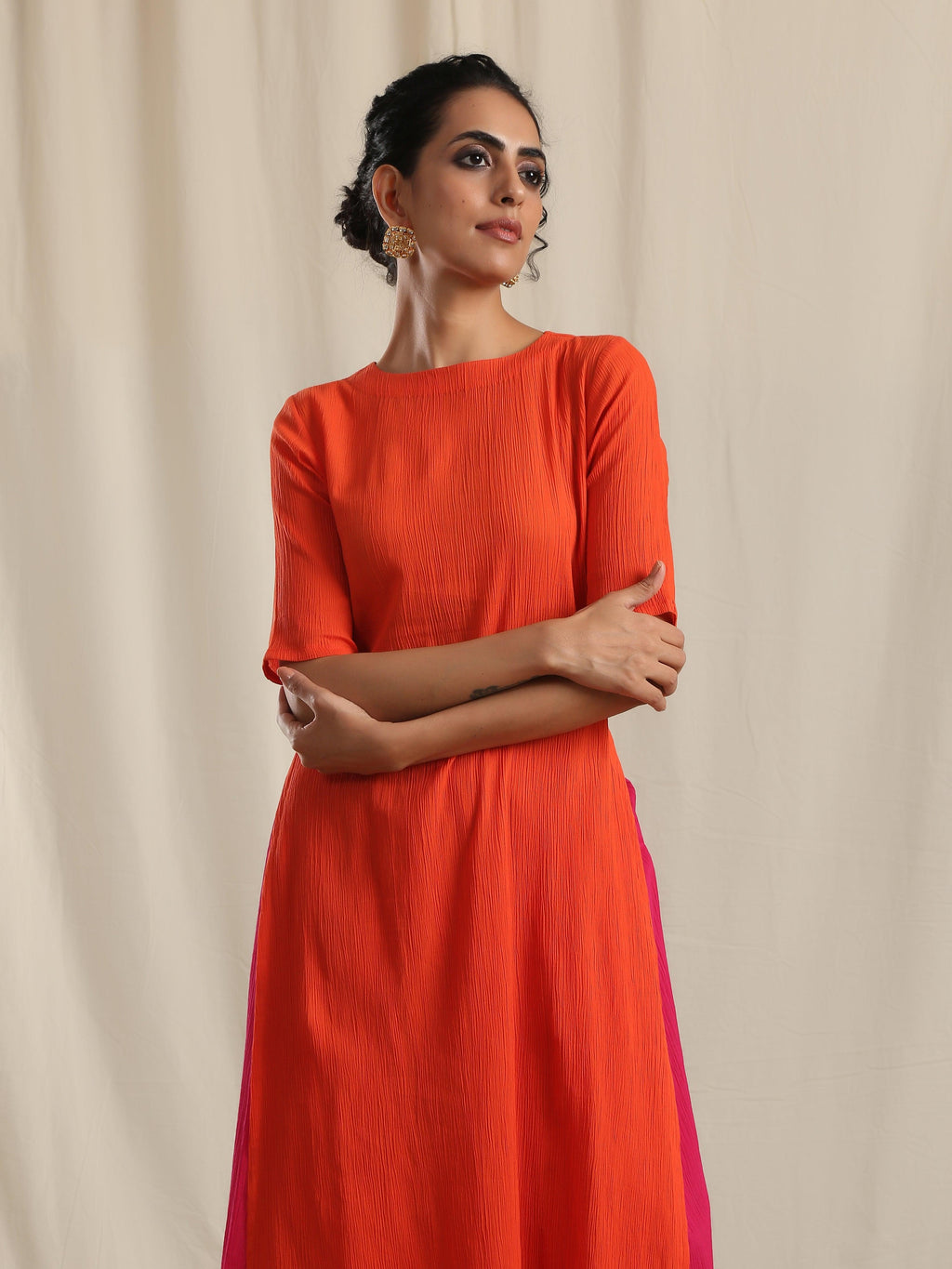 trueBrowns Orange Crinkle Slit Kurta Pant Set Relove - Distacart