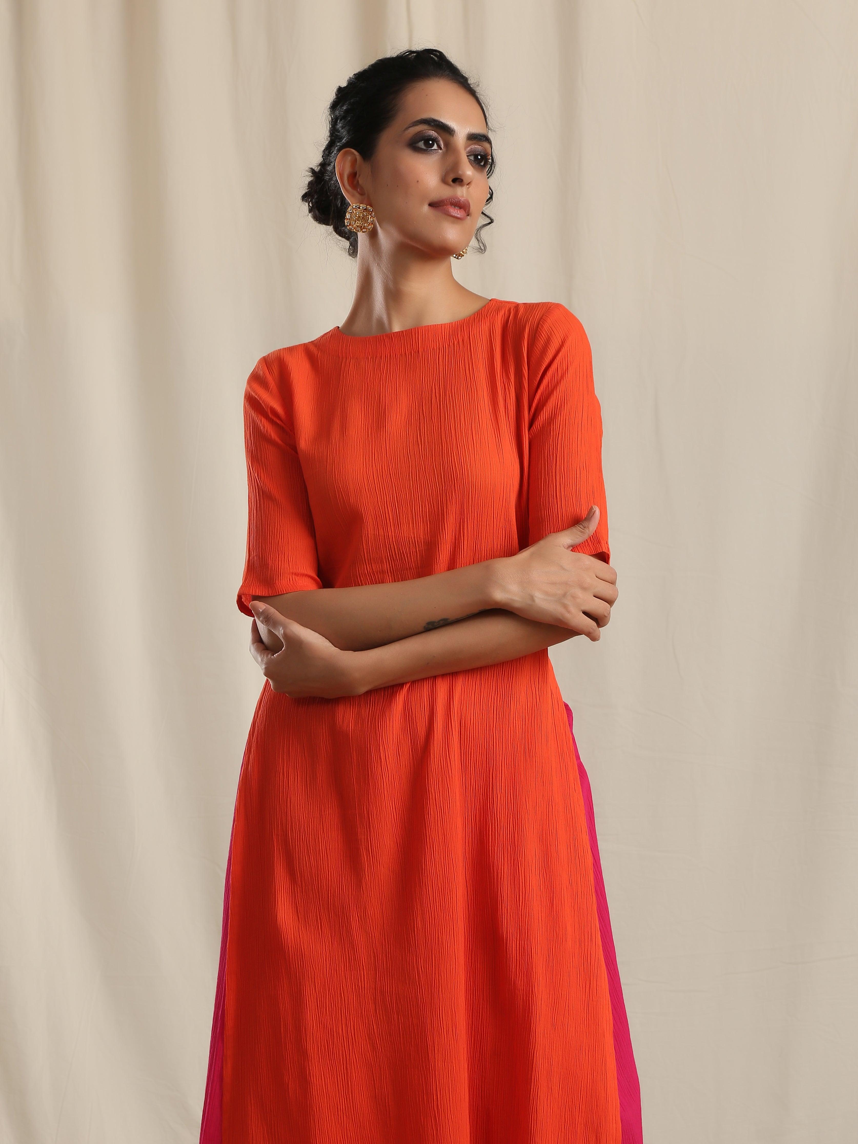 trueBrowns Orange Crinkle Slit Kurta Pant Set Relove - Distacart