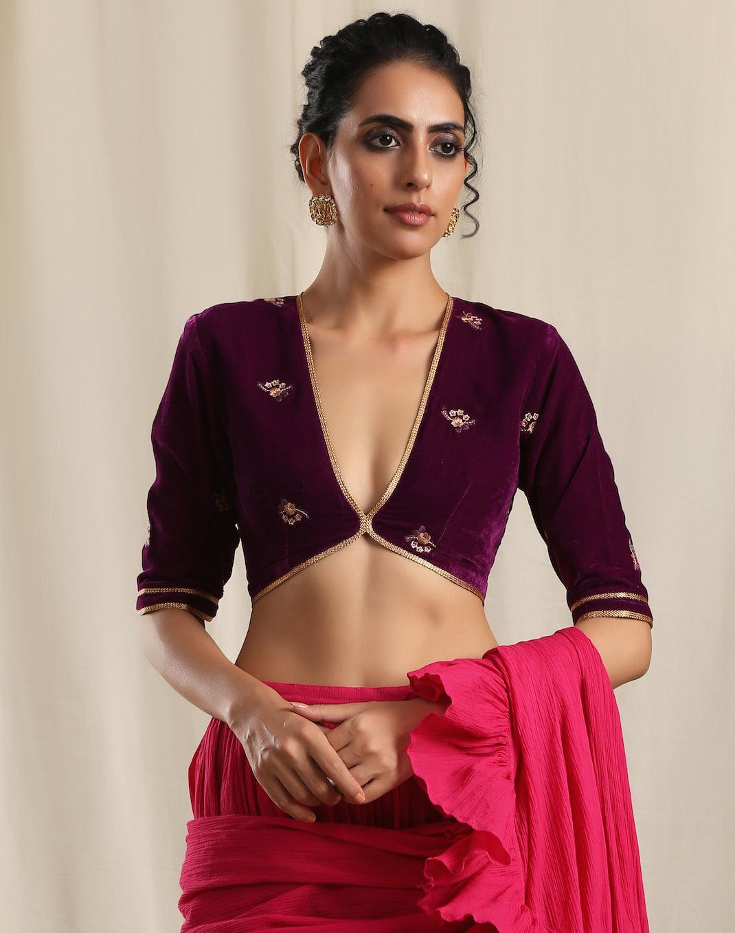 trueBrowns Wine Velvet Embroidered Blouse