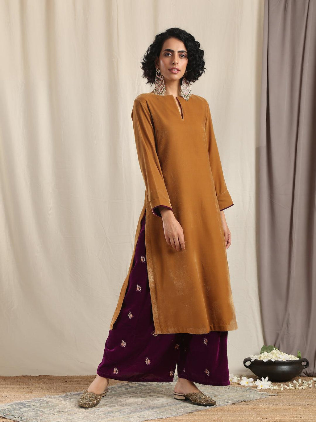 trueBrowns Wine Velvet Embroidered Palazzo