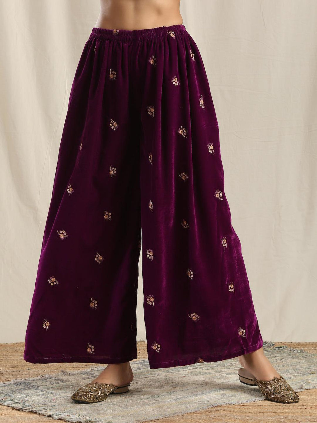 trueBrowns Wine Velvet Embroidered Palazzo