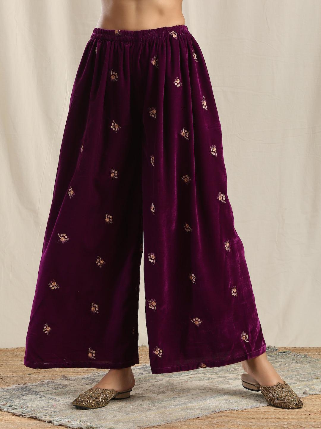 trueBrowns Wine Velvet Embroidered Palazzo
