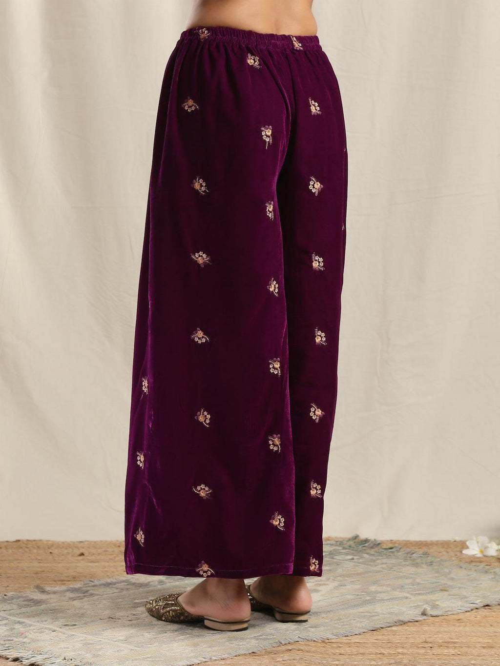 trueBrowns Wine Velvet Embroidered Palazzo
