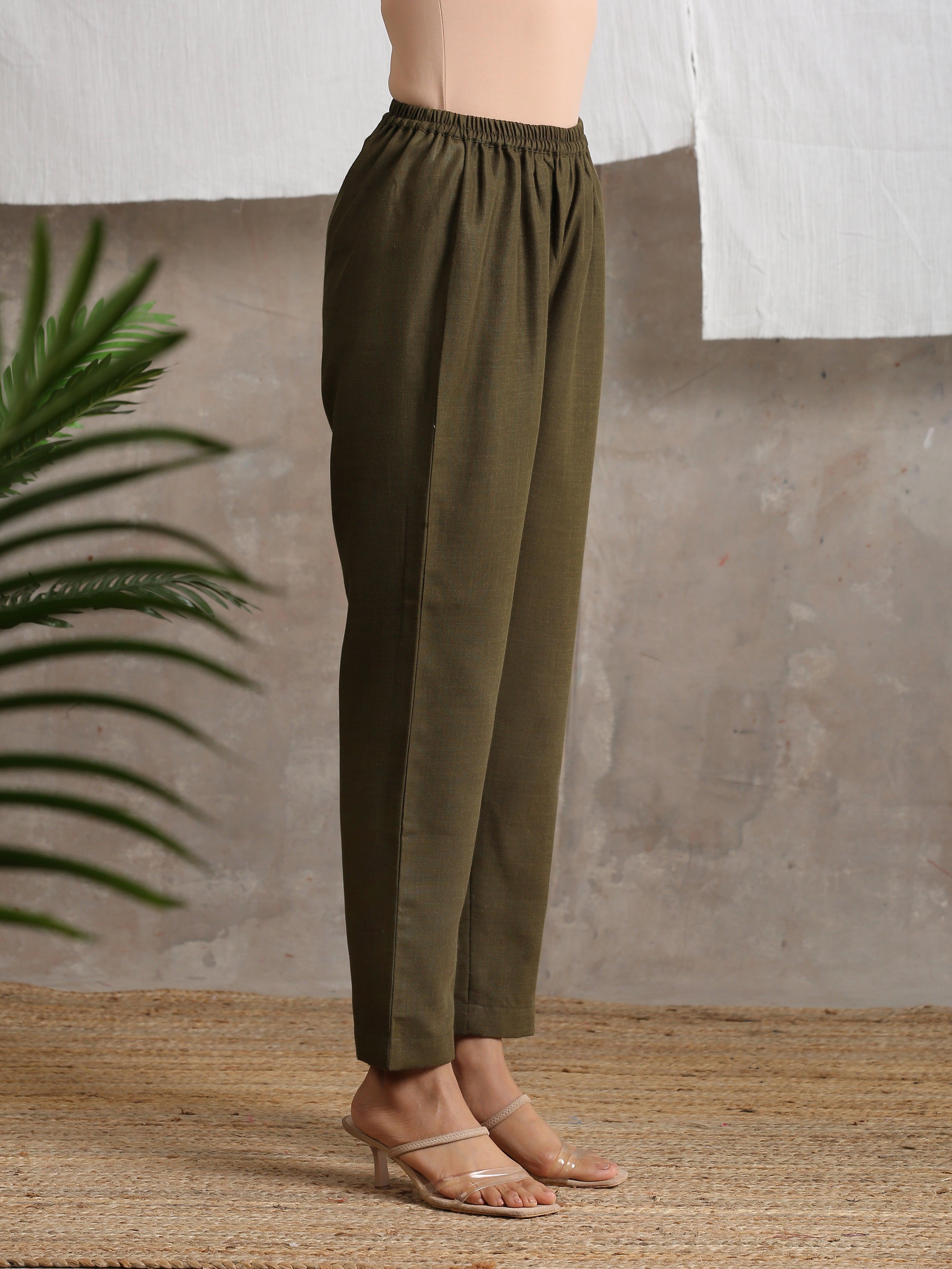 trueBrowns Cotton Linen Dark Green Pant