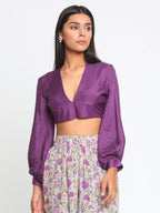 trueBrowns Silk Purple Gathered Sleeve Blouse