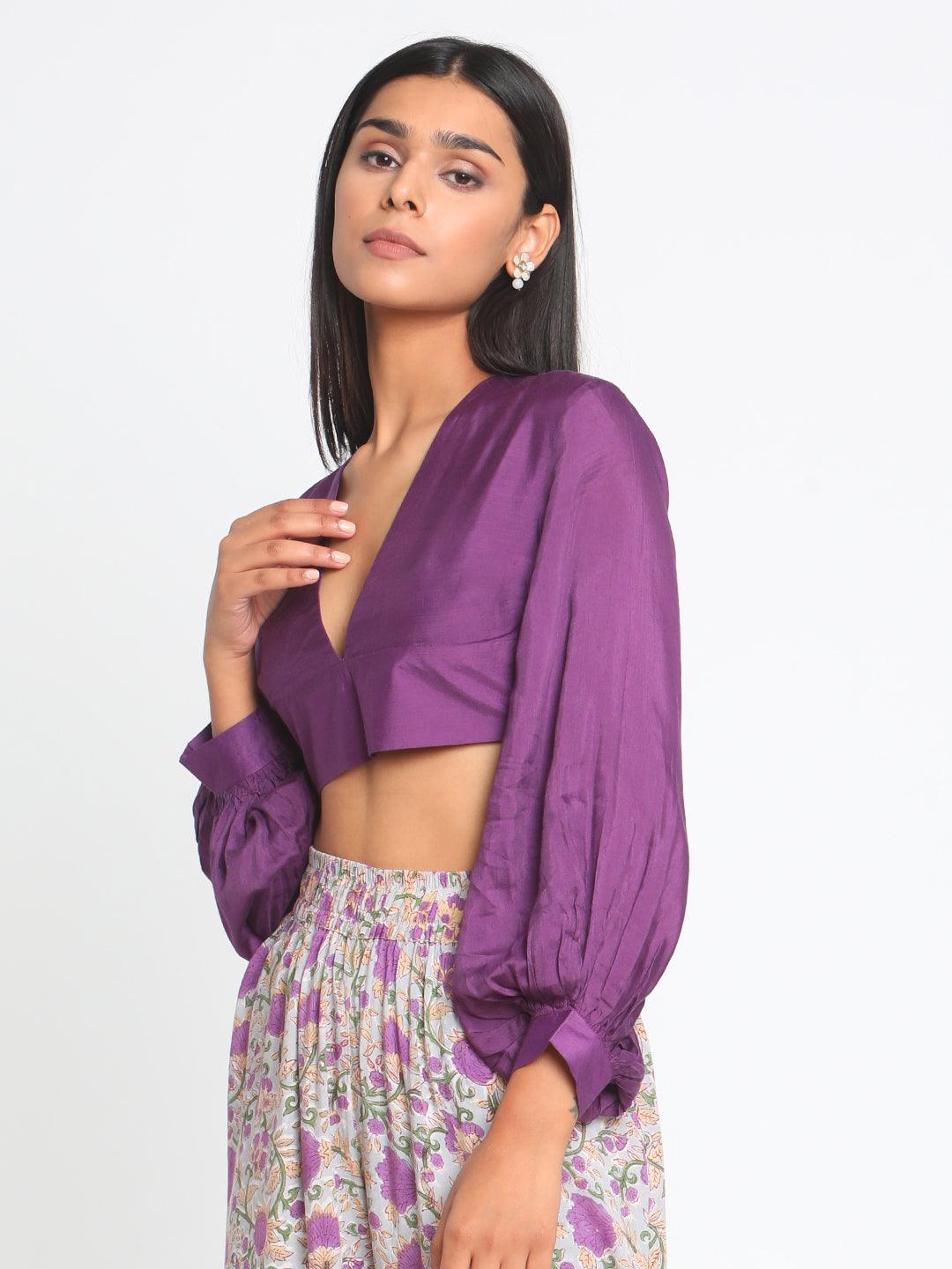 trueBrowns Silk Purple Gathered Sleeve Blouse