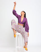 trueBrowns Silk Purple Gathered Sleeve Blouse