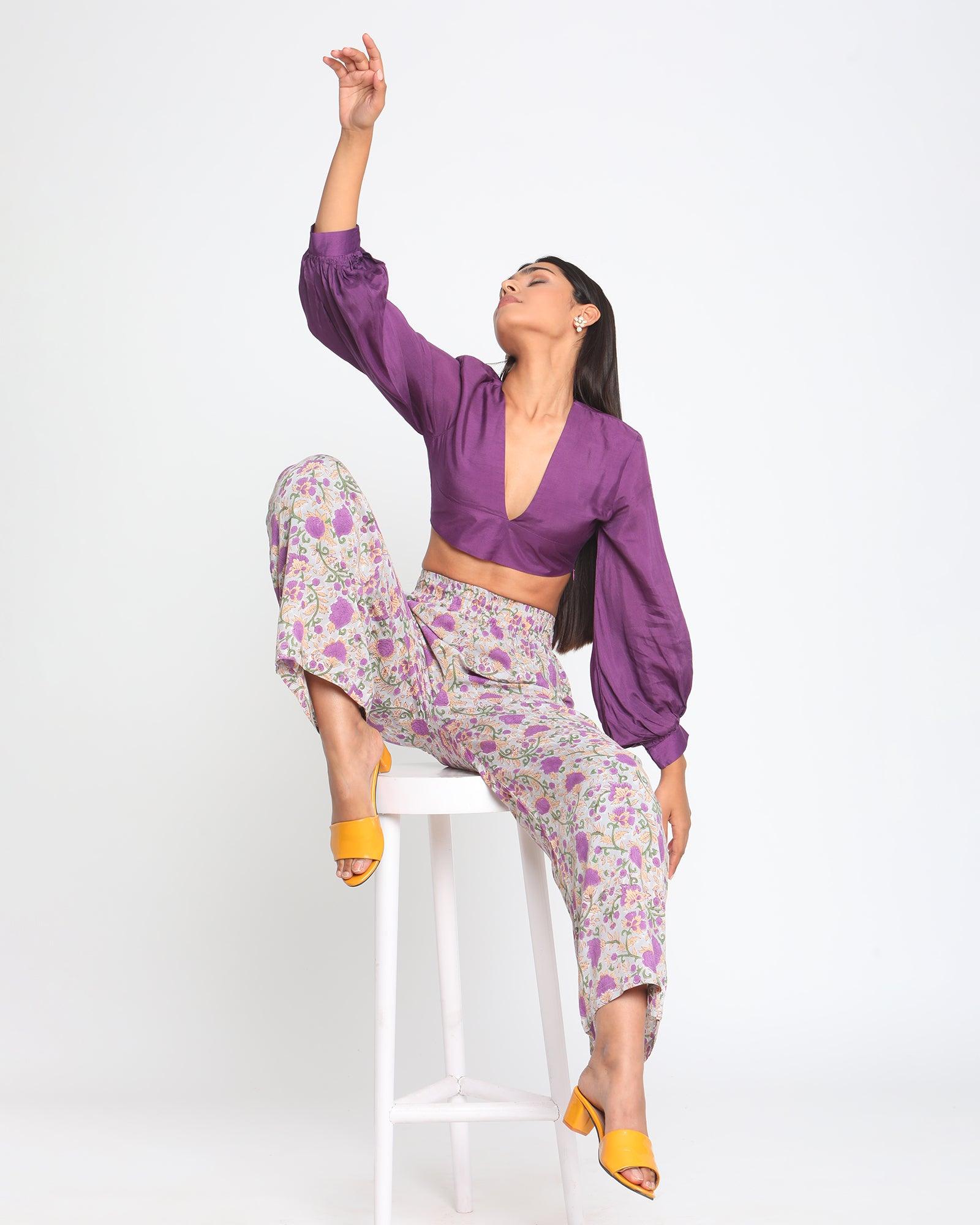 trueBrowns Silk Purple Gathered Sleeve Blouse