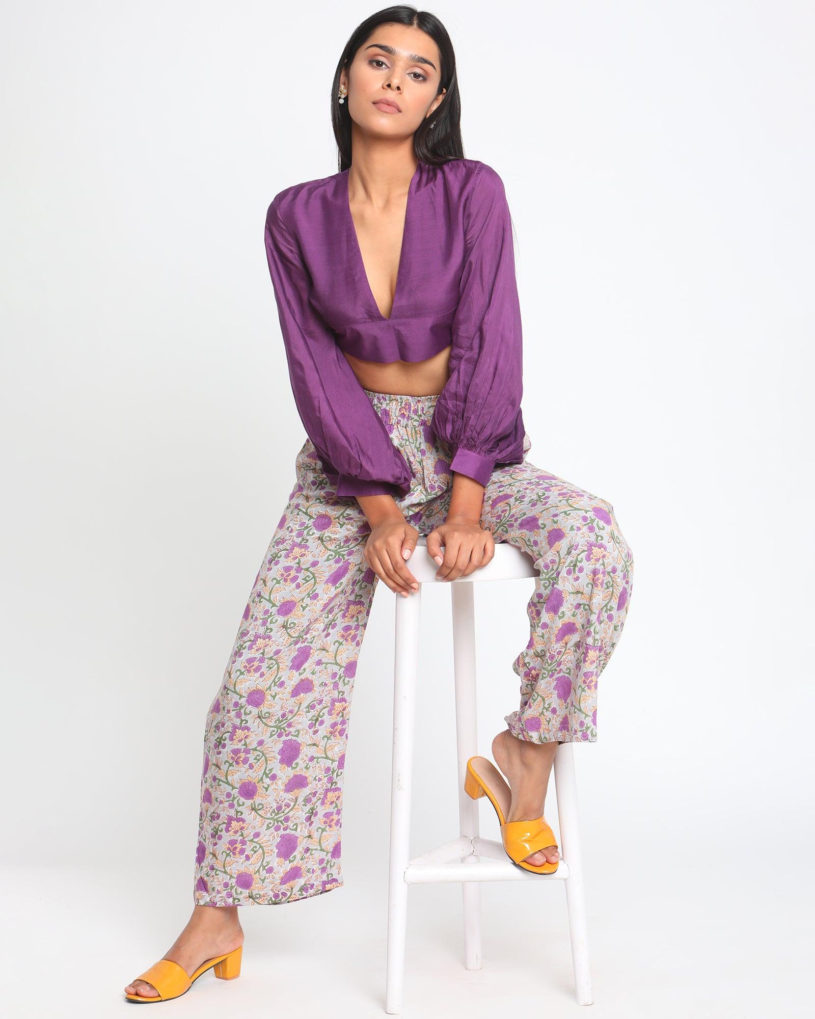 trueBrowns Silk Purple Gathered Sleeve Blouse