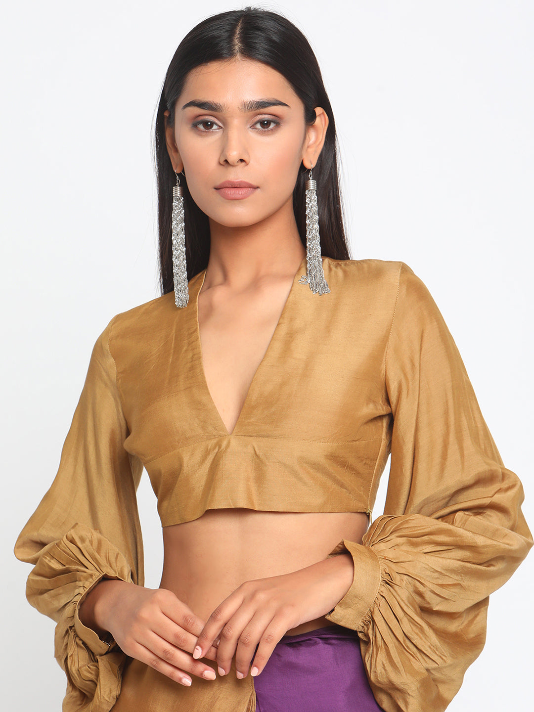 trueBrowns Silk Gold Gathered Sleeve Blouse