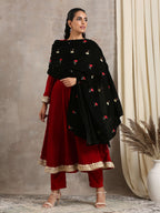 trueBrowns Black Velvet Silk Embroidered Lace Ready Pleated Saree