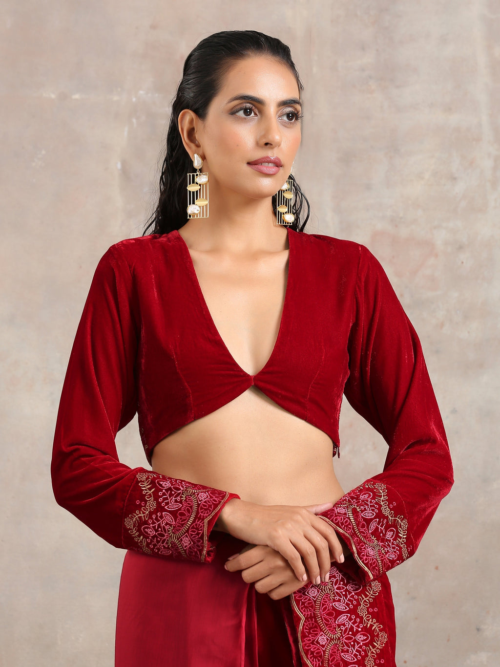 trueBrowns Red Velvet Embroidered Blouse