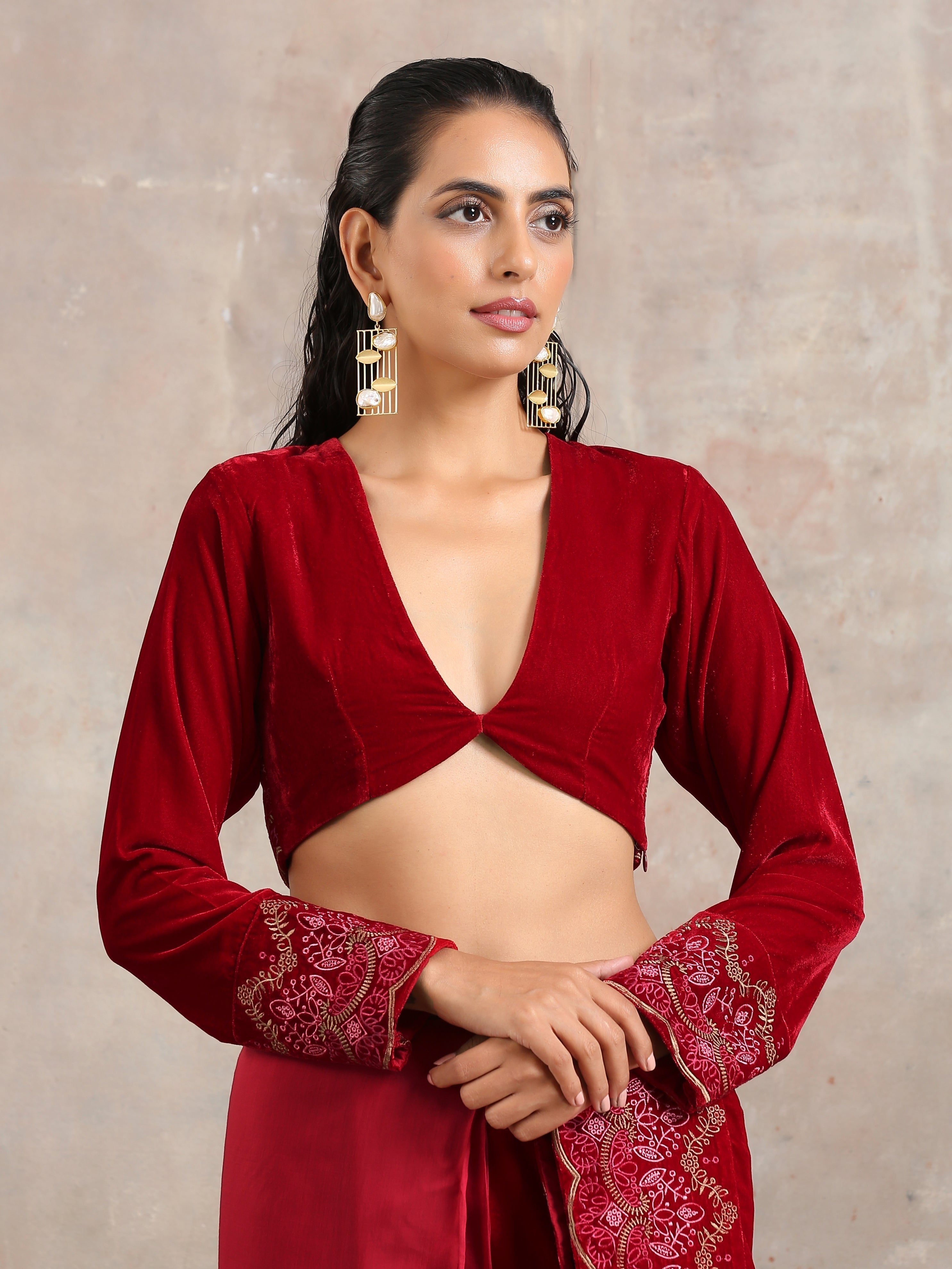 trueBrowns Red Velvet Embroidered Blouse