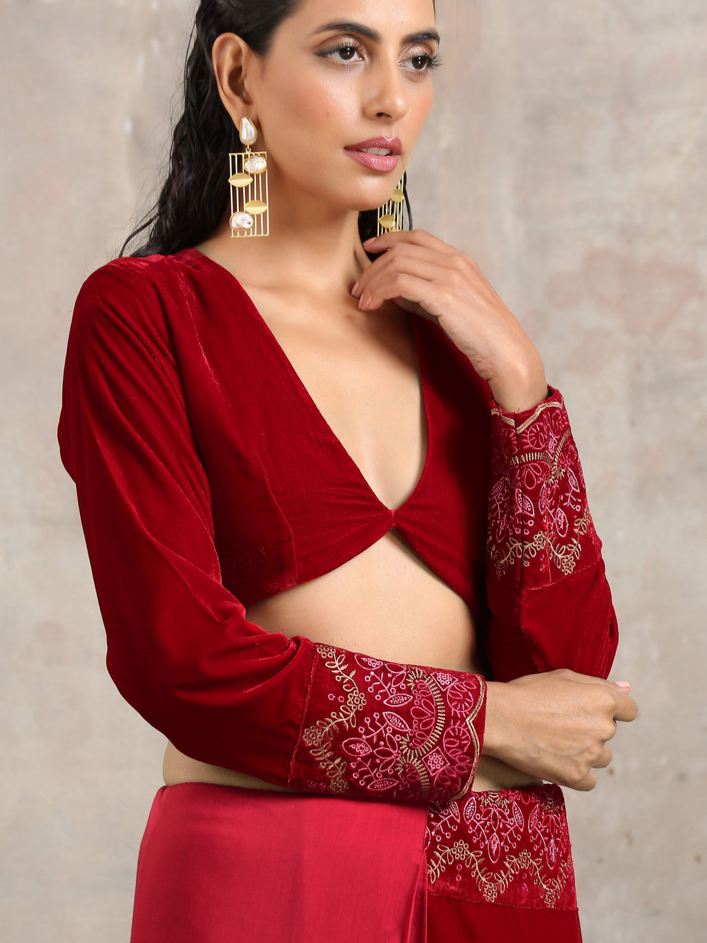 trueBrowns Red Velvet Embroidered Blouse