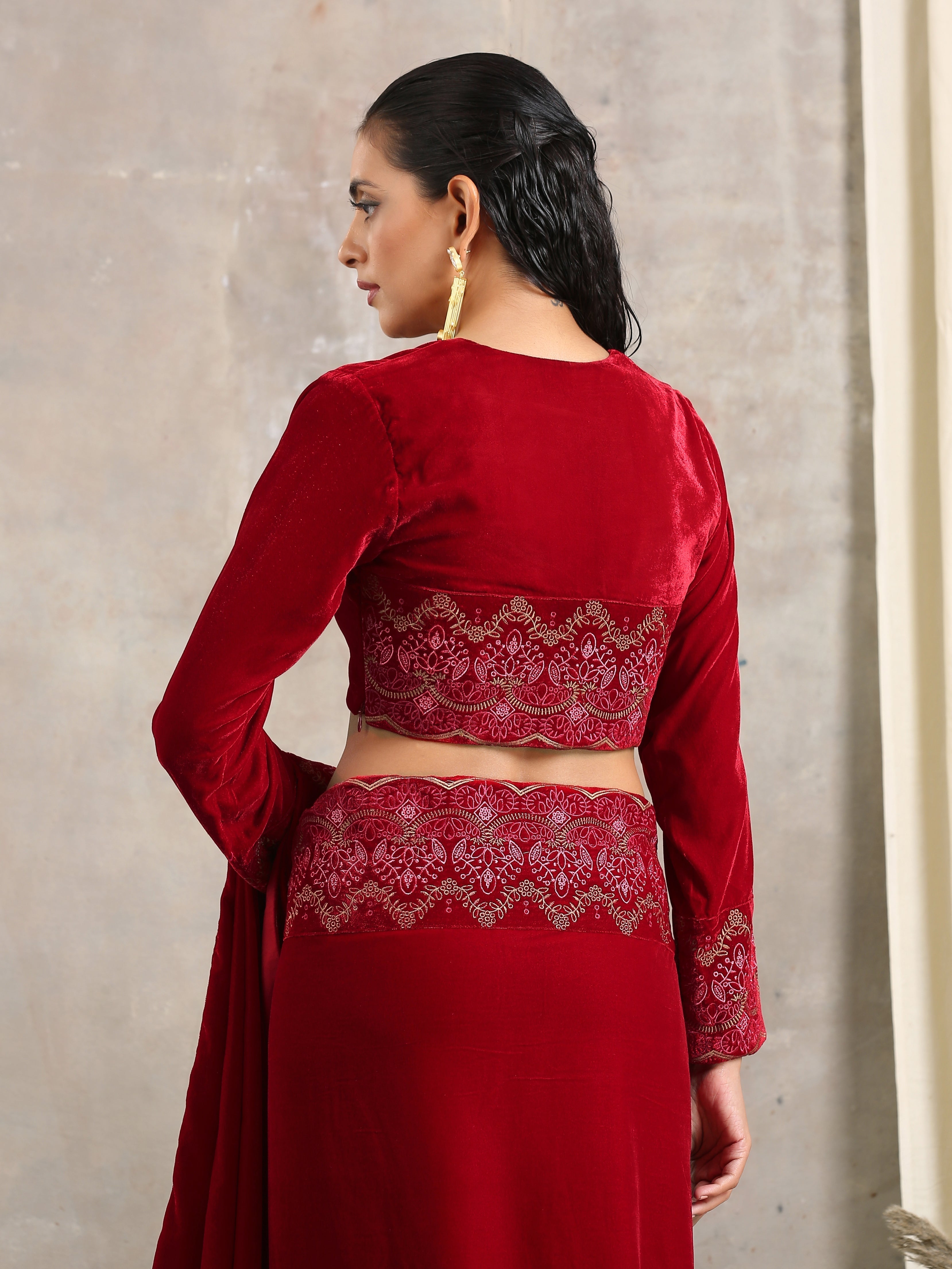 trueBrowns Red Velvet Embroidered Blouse