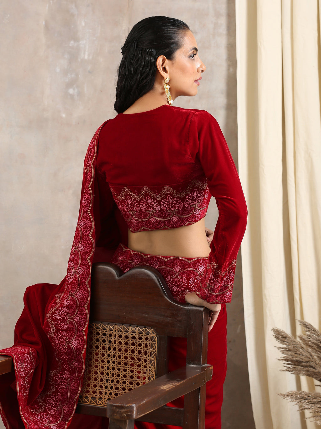 trueBrowns Red Velvet Embroidered Blouse