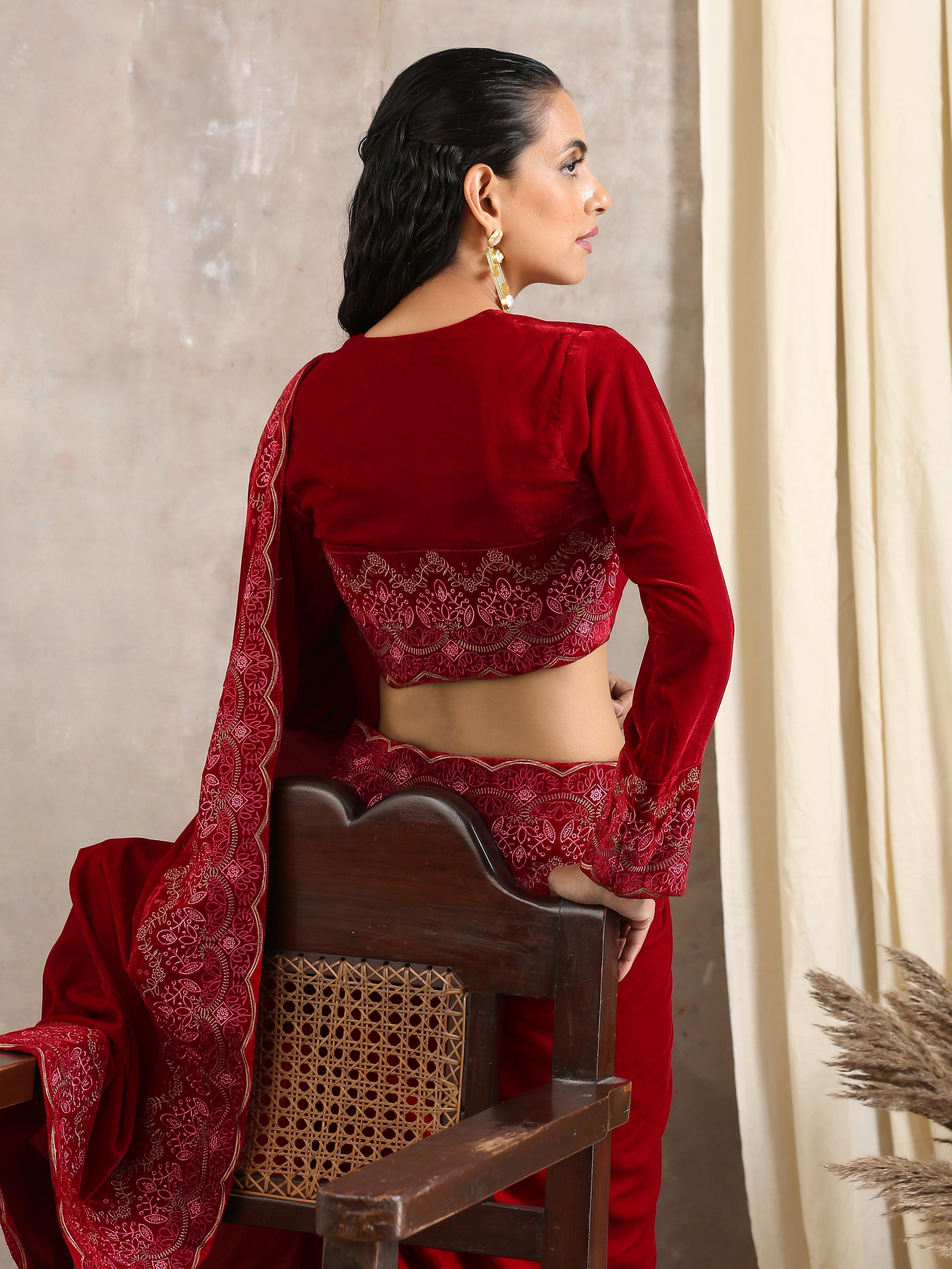 trueBrowns Red Velvet Embroidered Blouse