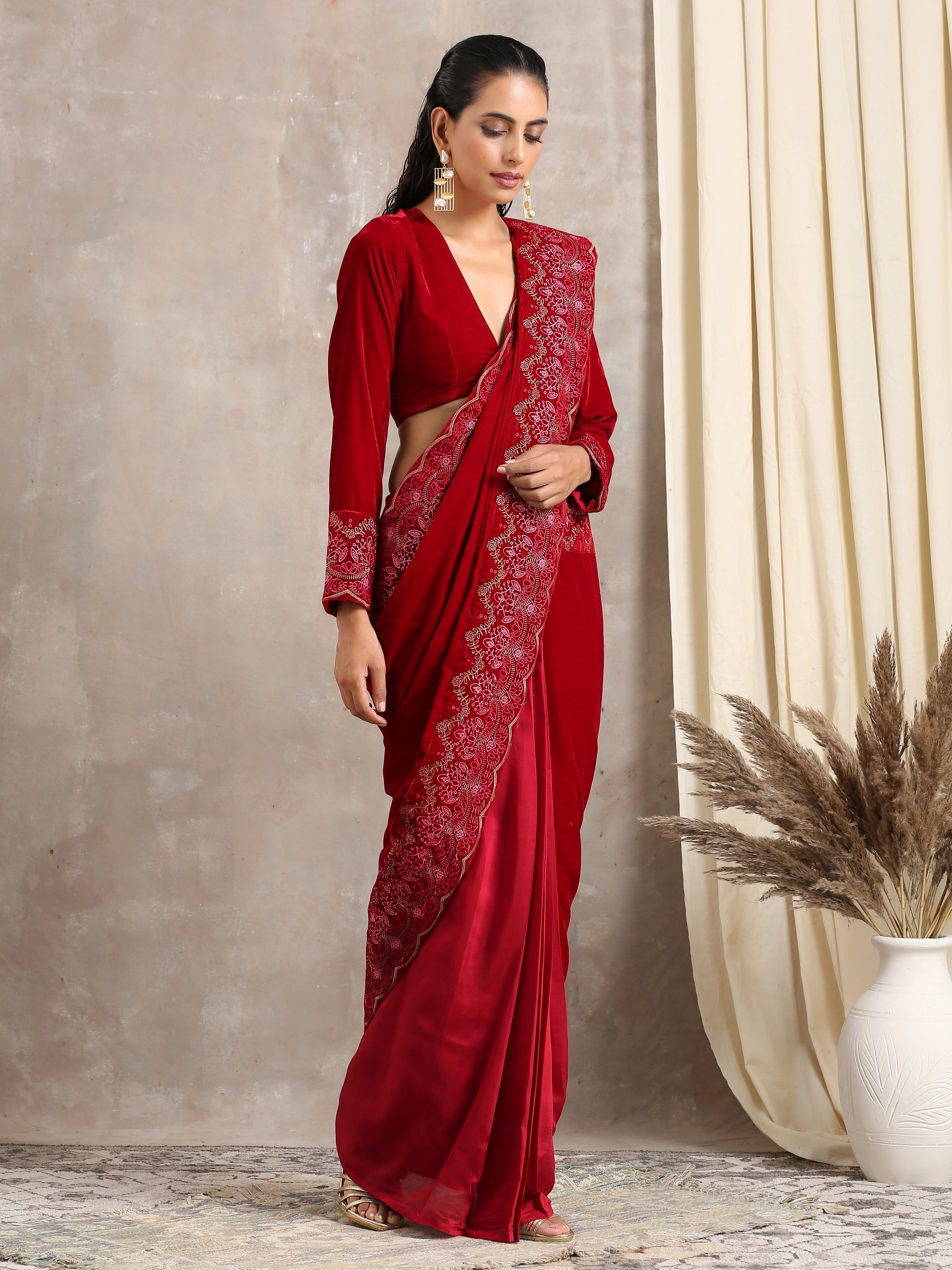 trueBrowns Red Velvet Embroidered Blouse