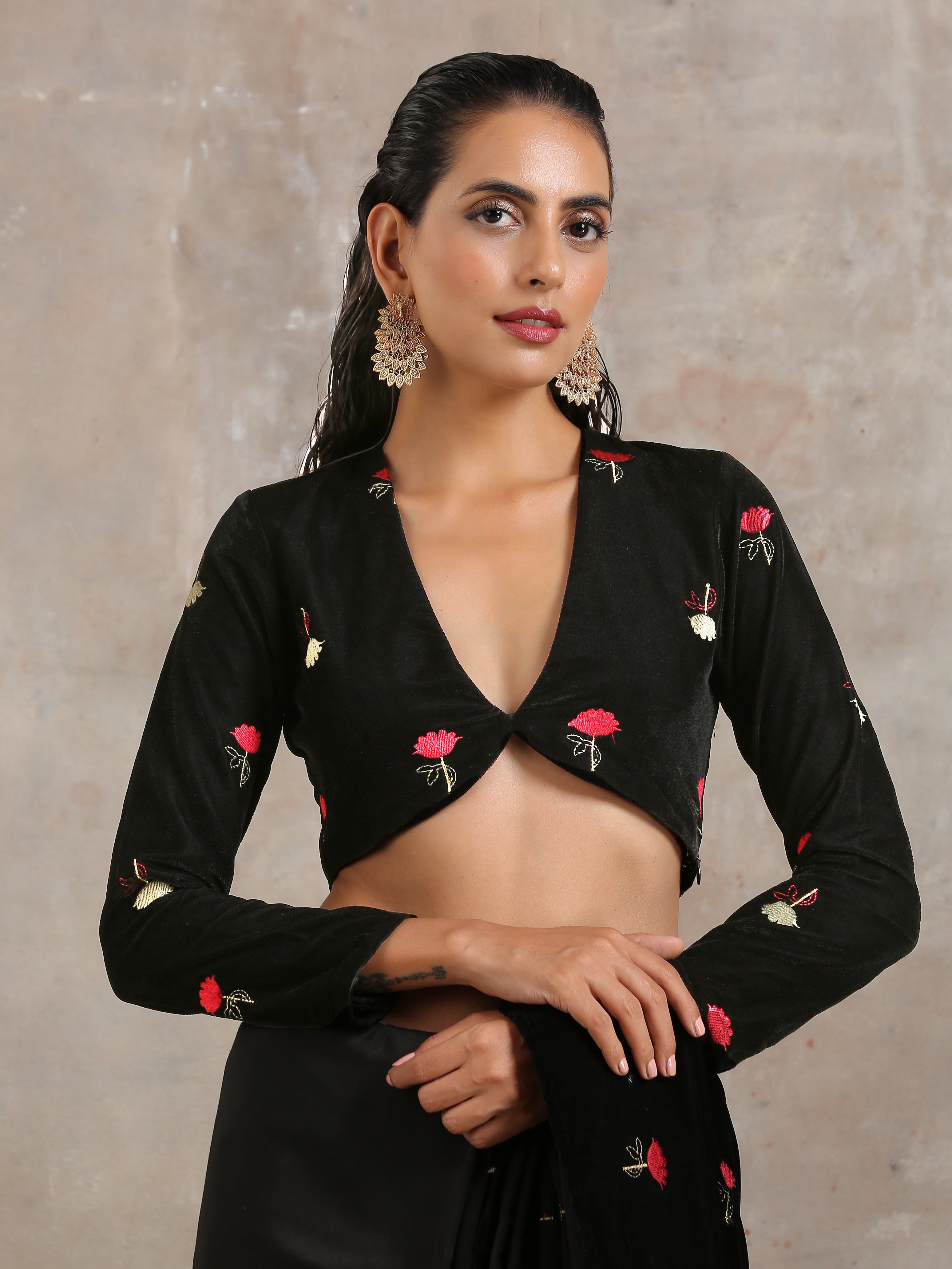 trueBrowns Black Velvet Embroidered Blouse