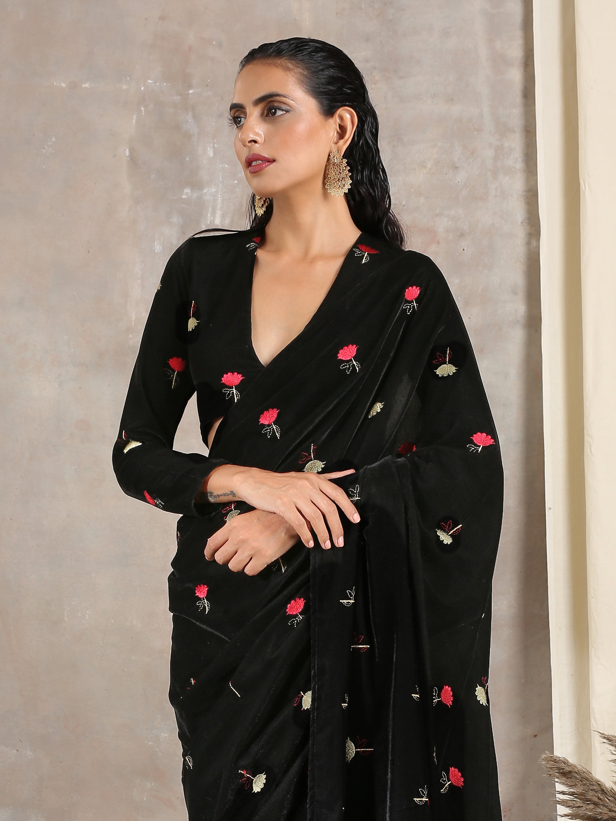 trueBrowns Black Velvet Embroidered Blouse