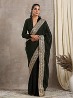 trueBrowns Velvet Silk Embroidered Ready Pleated Saree