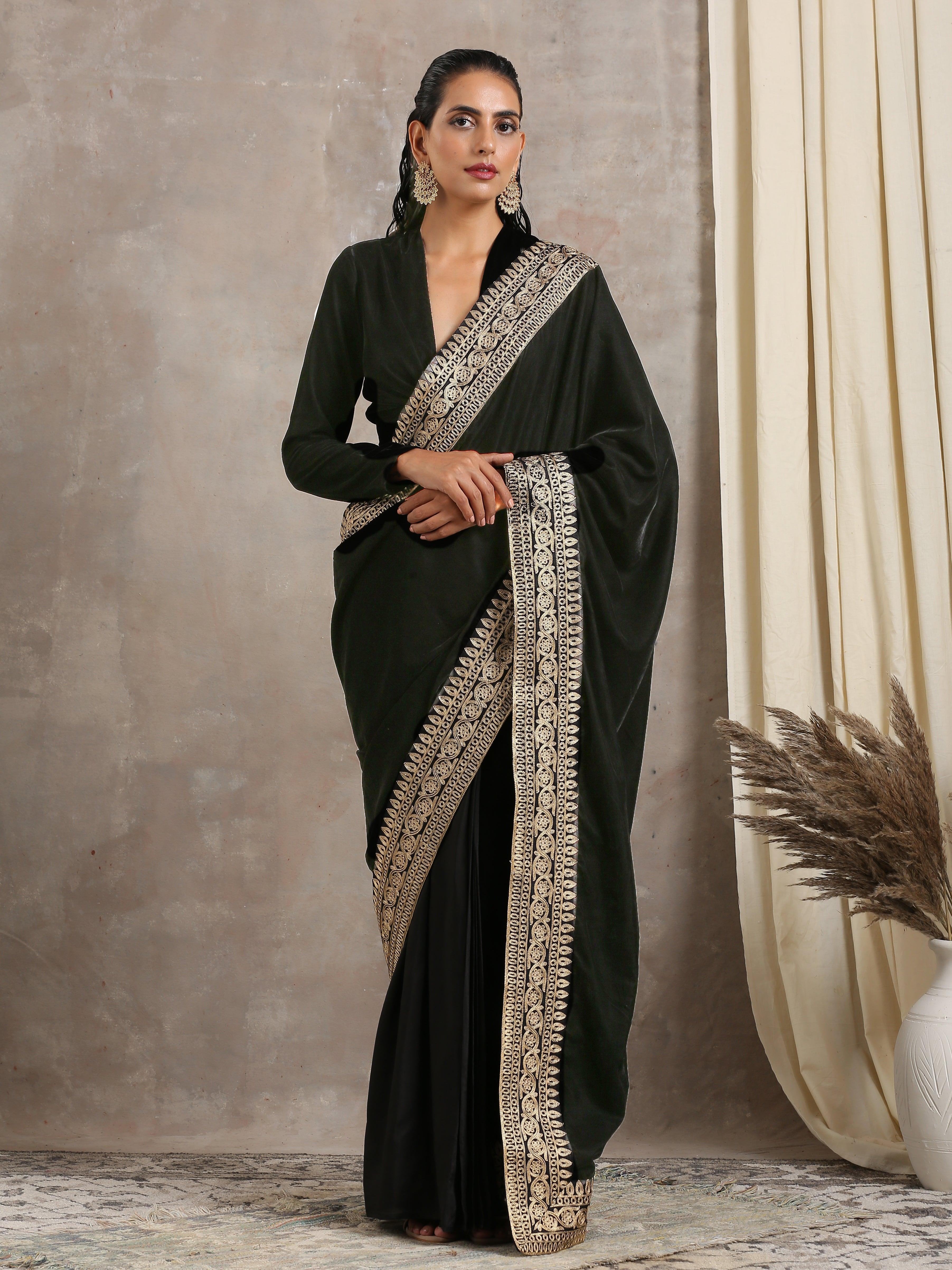 trueBrowns Velvet Silk Embroidered Ready Pleated Saree
