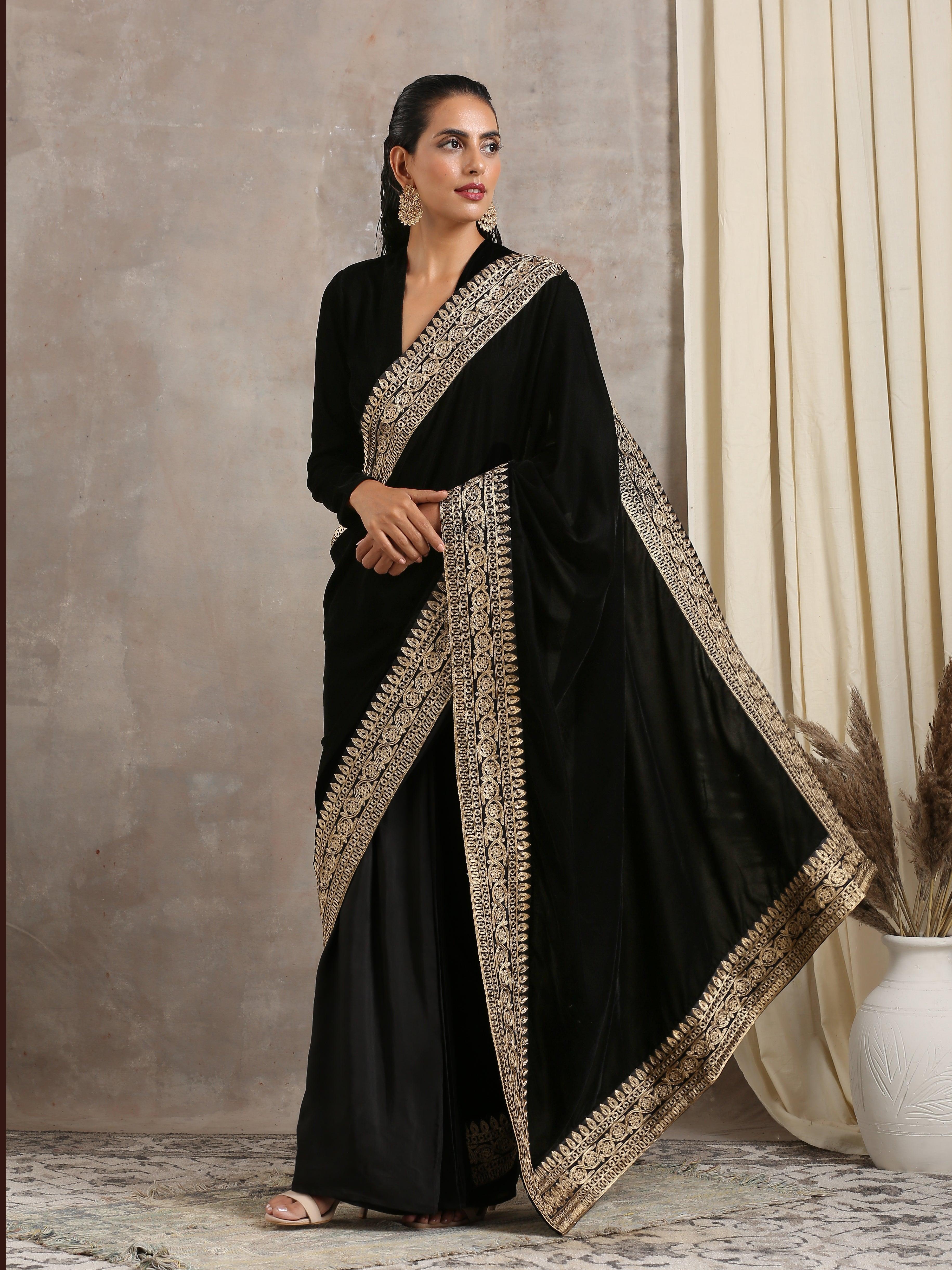 trueBrowns Velvet Silk Embroidered Ready Pleated Saree