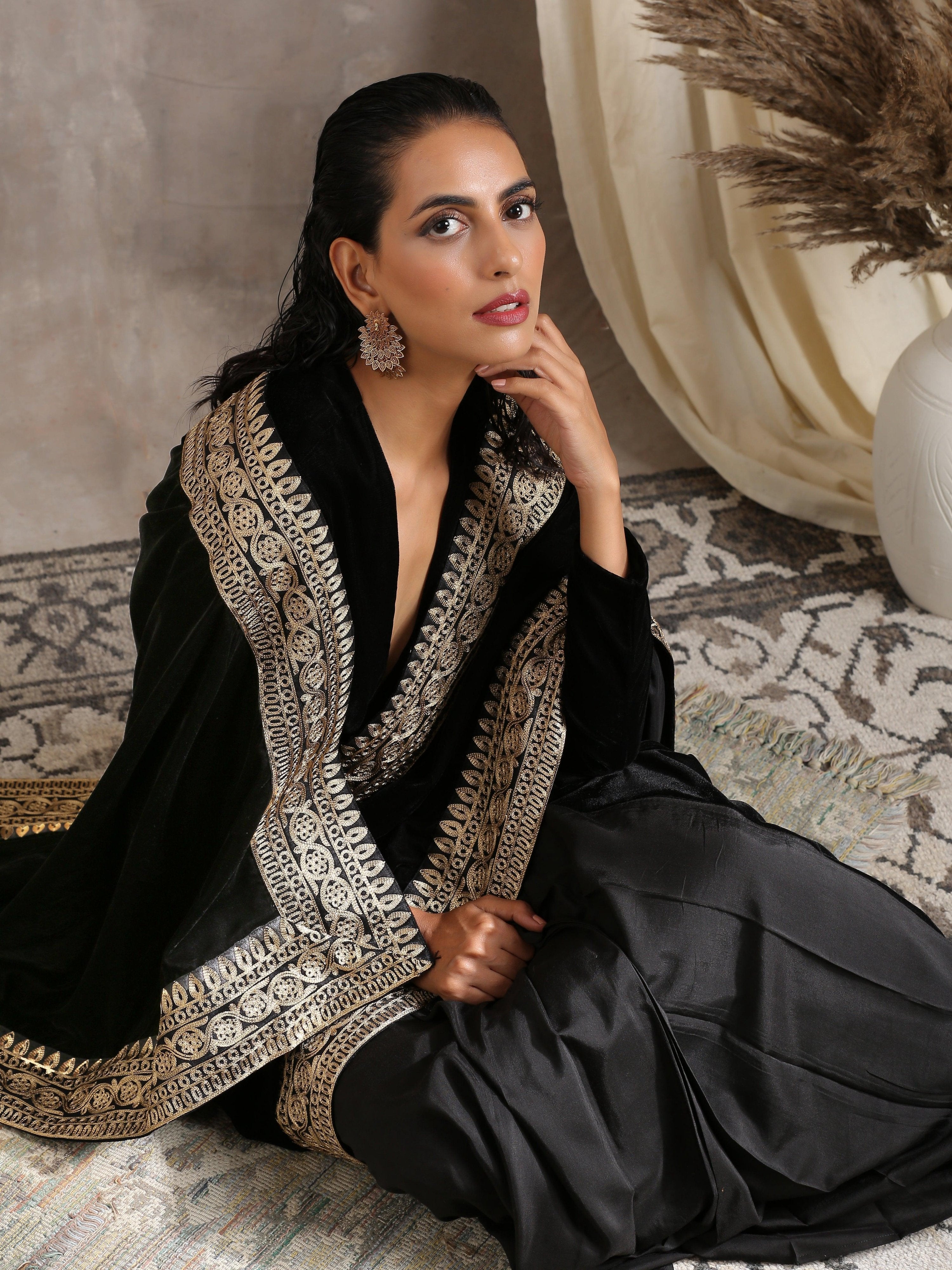 trueBrowns Velvet Silk Embroidered Ready Pleated Saree