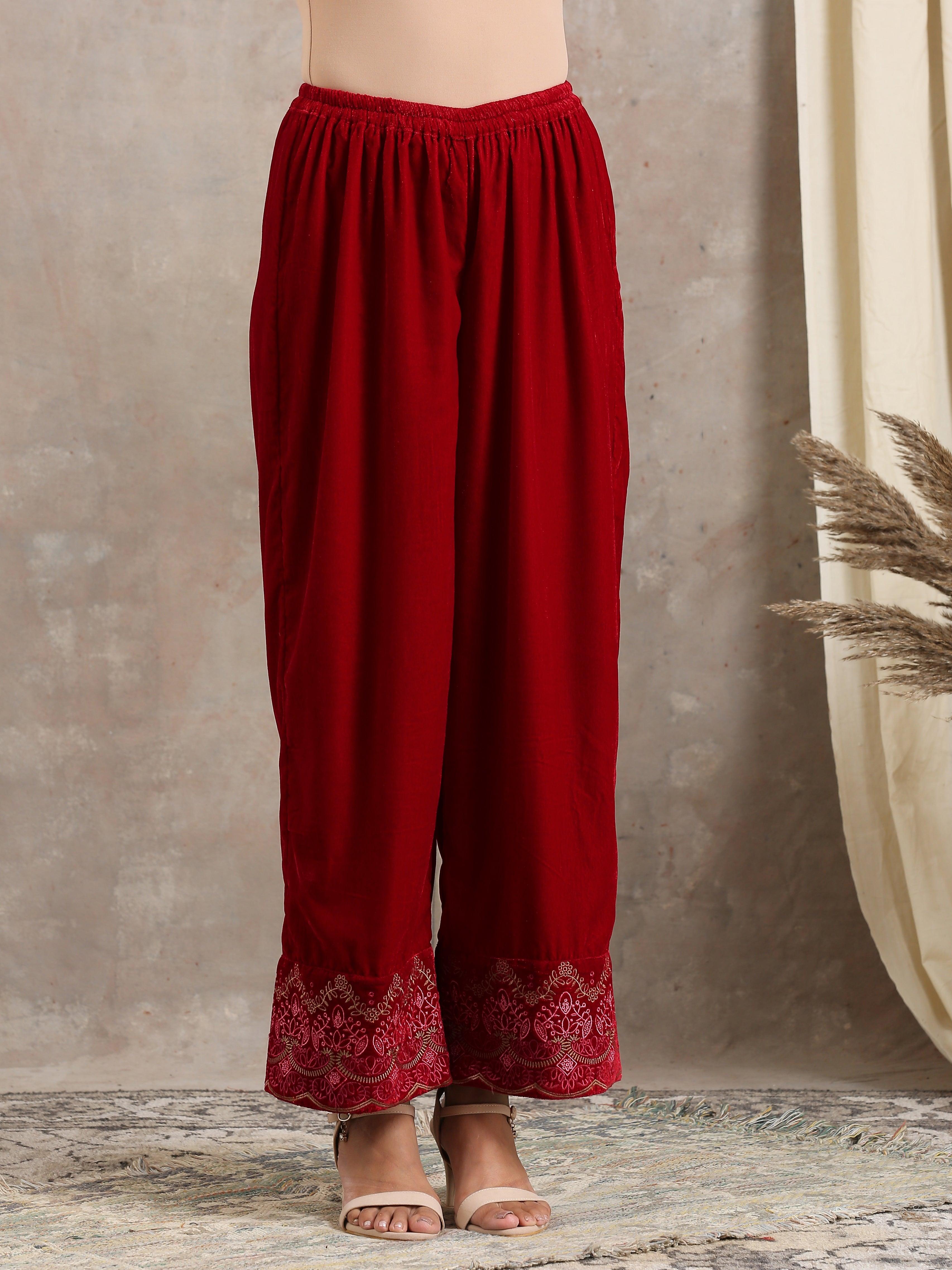 trueBrowns Red Velvet Embroidered Pant