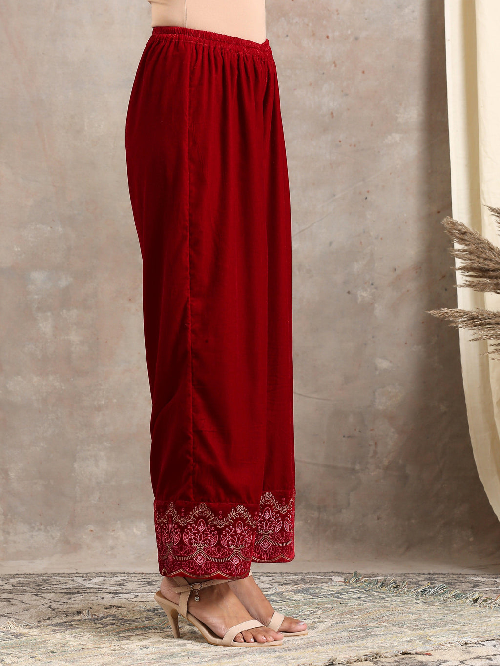 trueBrowns Red Velvet Embroidered Pant