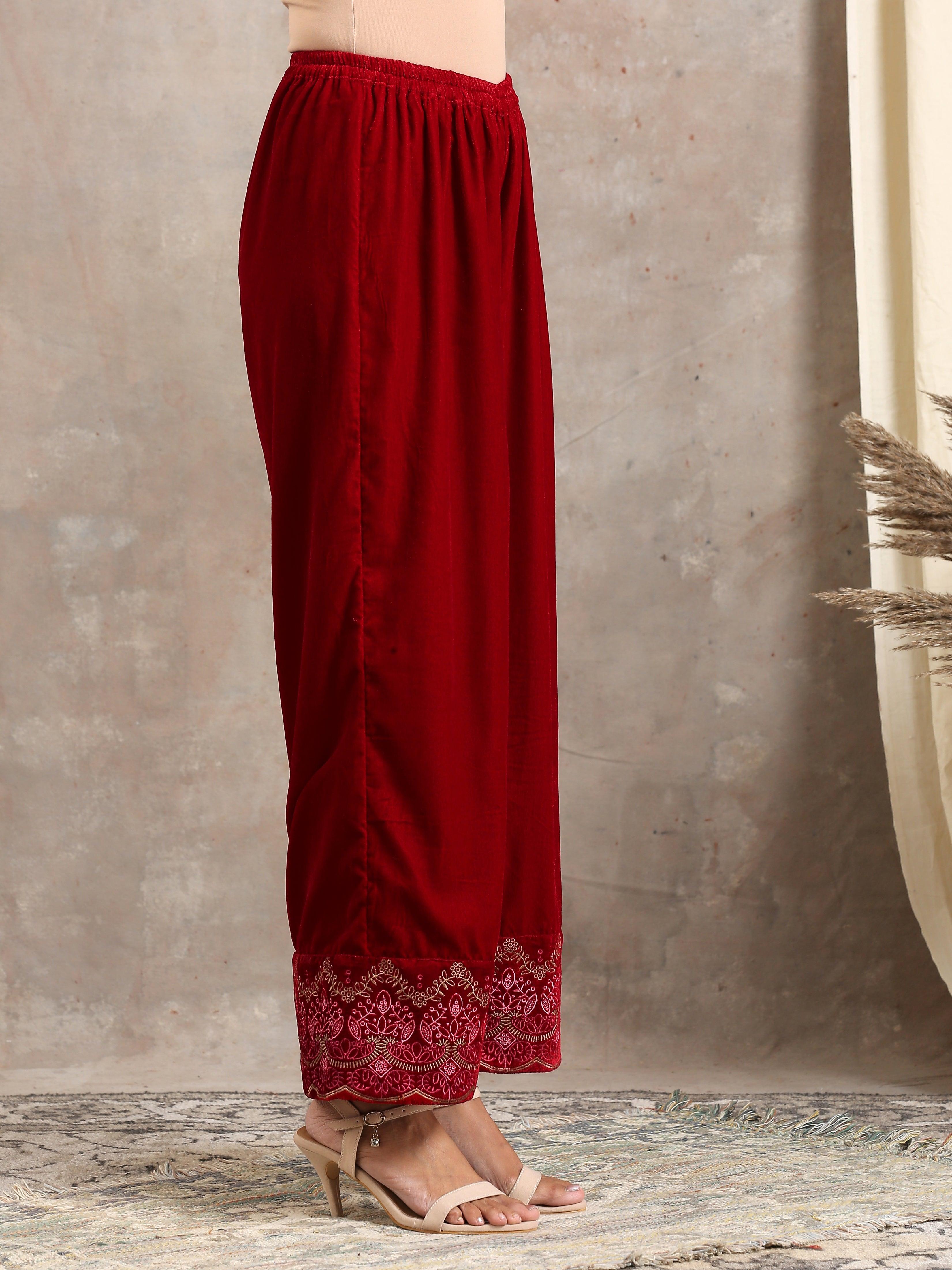 trueBrowns Red Velvet Embroidered Pant