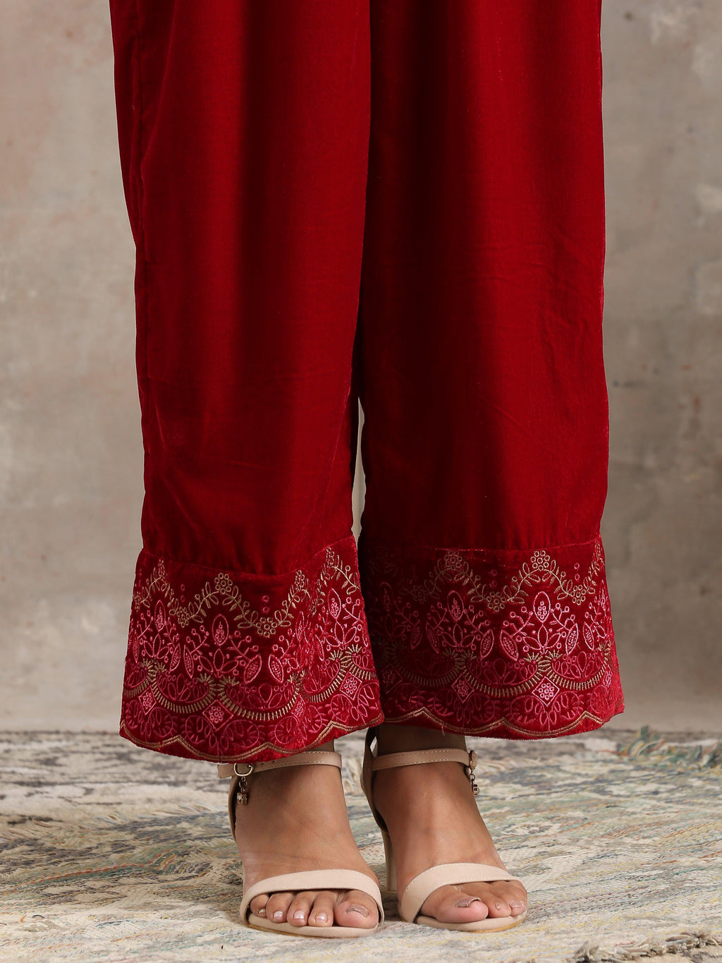 trueBrowns Red Velvet Embroidered Pant