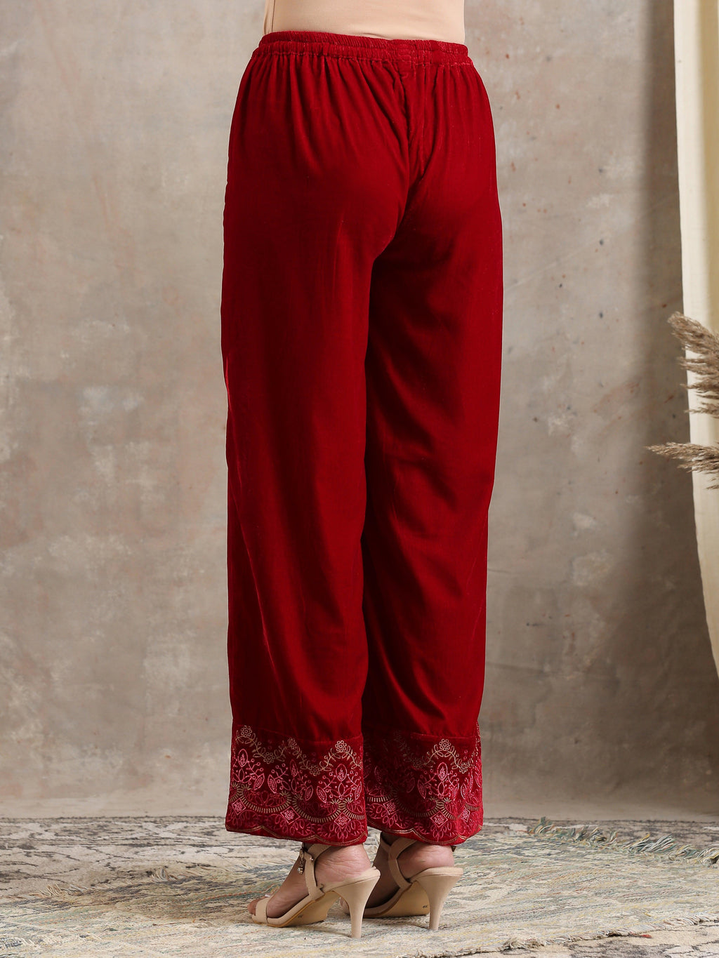 trueBrowns Red Velvet Embroidered Pant