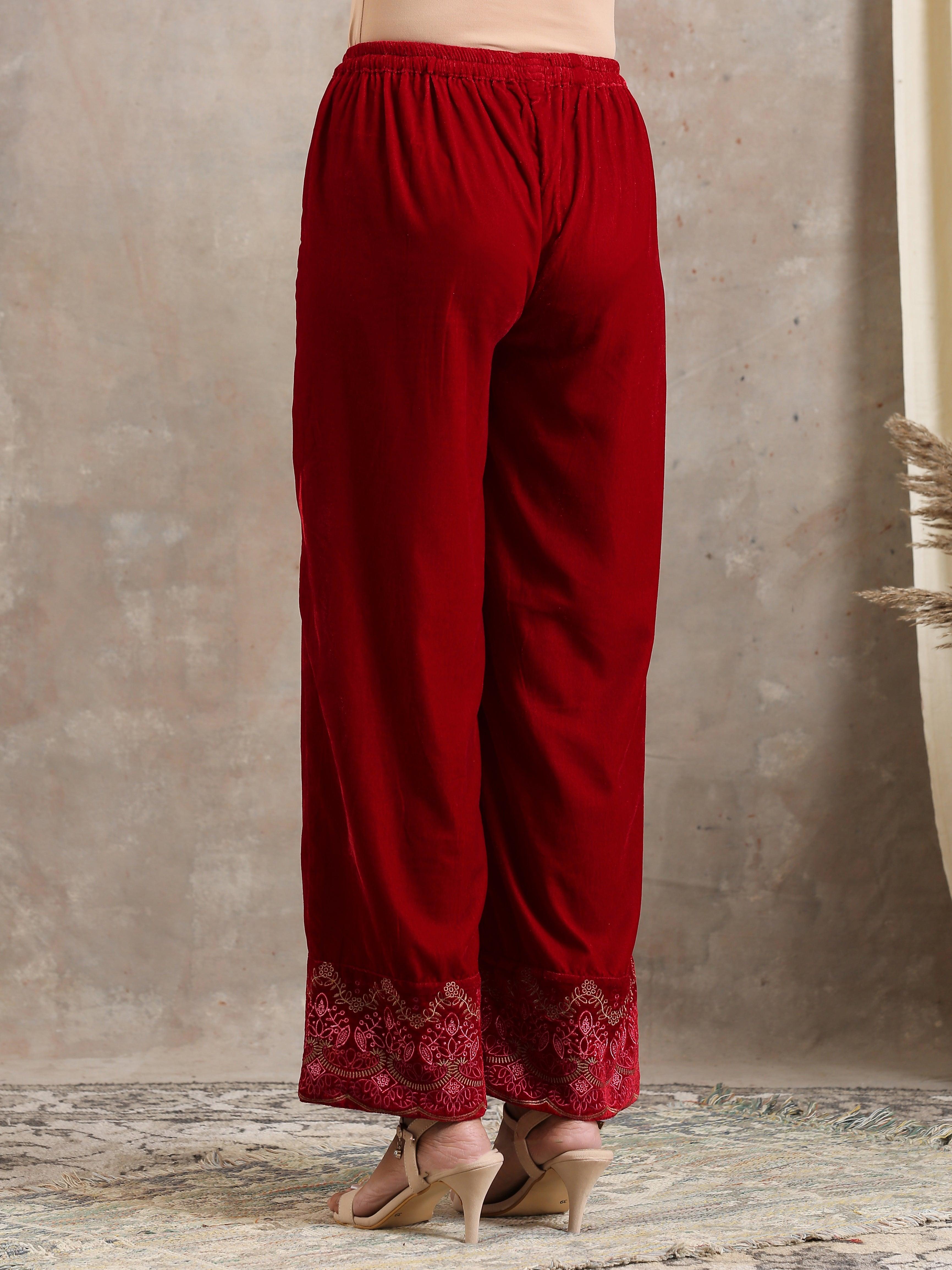 trueBrowns Red Velvet Embroidered Pant